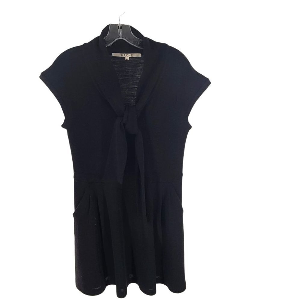 HACHE Women's Cap Sleeve Knotted Pleated Mini Dress Knitted Solid Black Size 42
